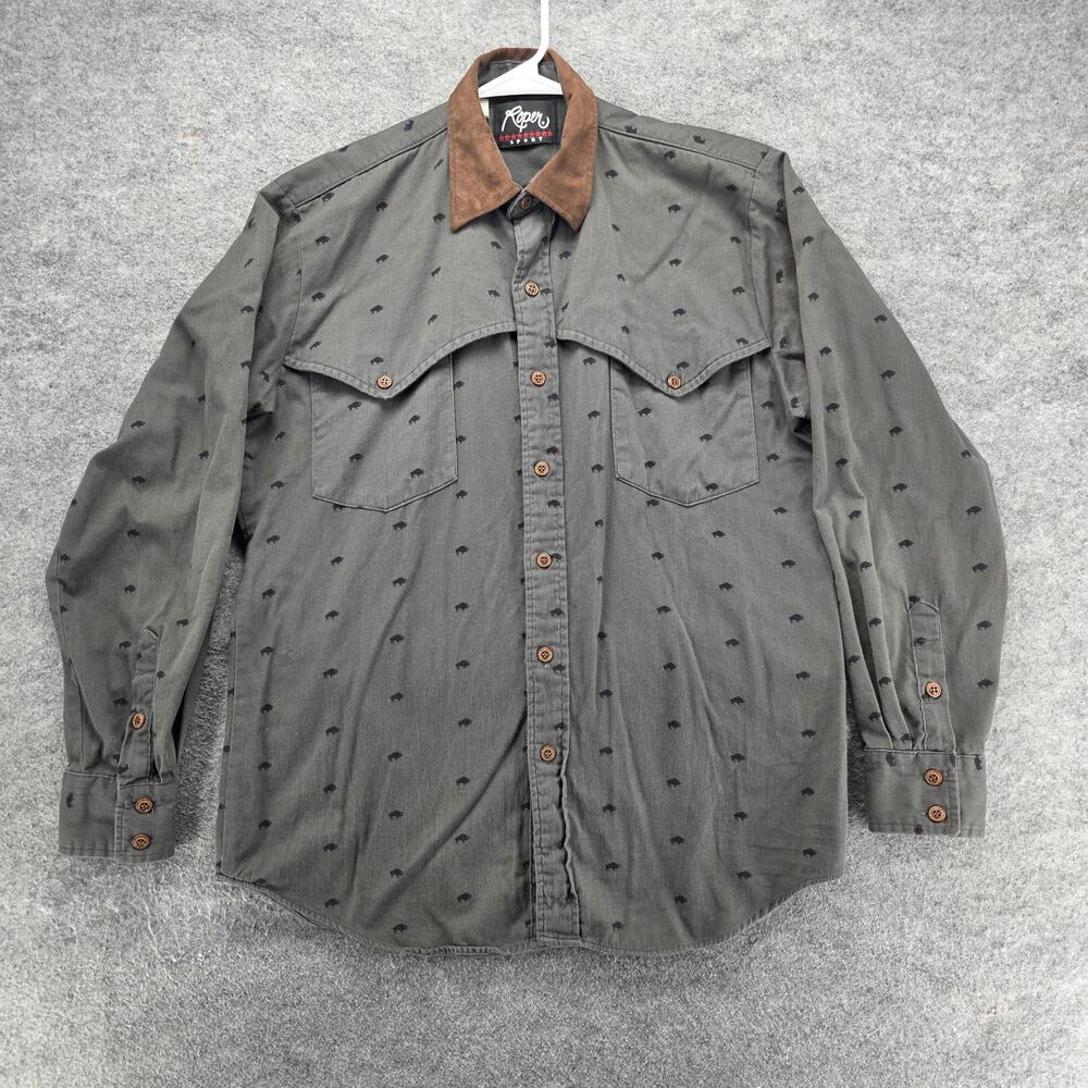 Roper Shirt Mens M Gray Graphic Twill Long Sleeve Western Brown Collar